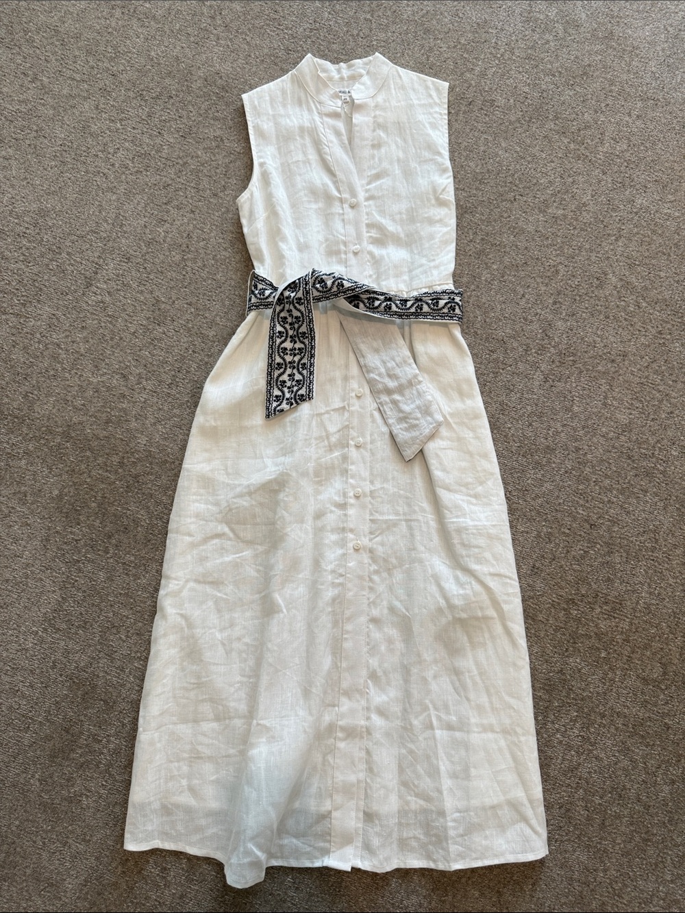 Sleeveless White Linen Maxi Dress with Black Embroidered Waist Sash